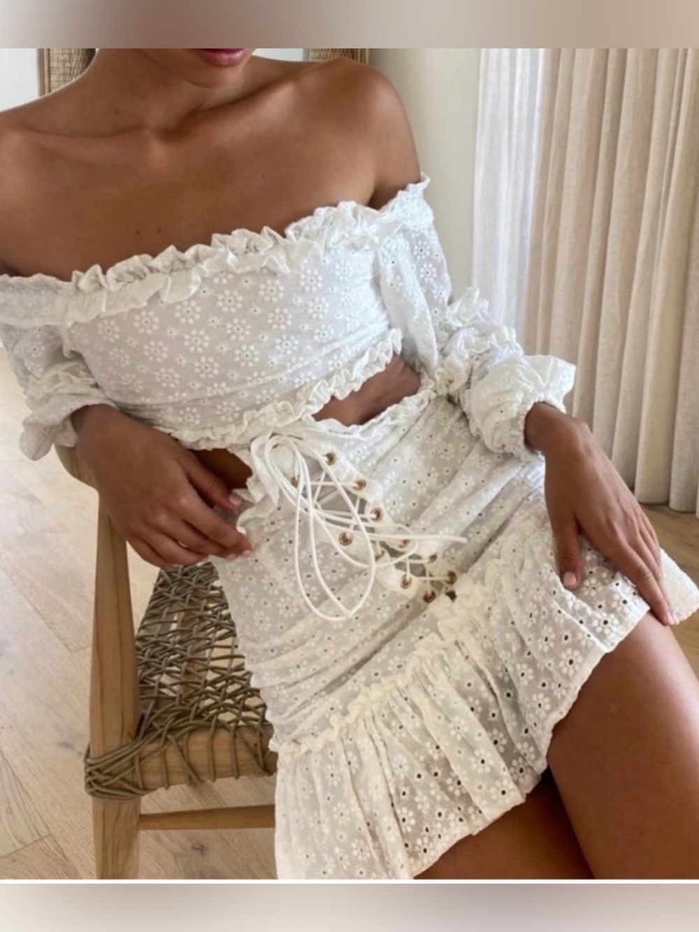 SABO Off Shoulder Eyelet Lace Up Cutout Mini Dress White Medium NWT! - Picture 3 of 11